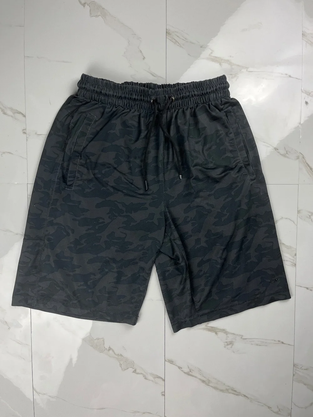Men's Black and Gray Camouflage Athletic Shorts with Drawstr